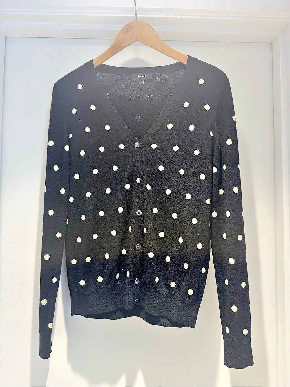 Theory Polka Dot Cardigan in Black & White Size Large, fits like a Medium merino